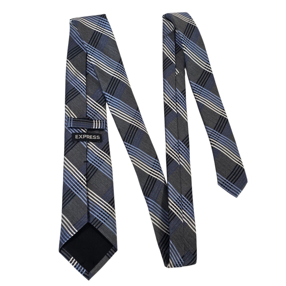 Express Mens Necktie Gray Blue Plaid Silk Long Woven Embroidered Preppy College